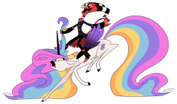 Size: 8500x5000 | Tagged: safe, artist:helenosprime, imported from derpibooru, oc, alicorn, demon, imp, pony, blitzo, crossover, duo, helluva boss, riding, riding a pony, simple background, transparent background