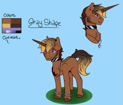 Size: 1463x1248 | Tagged: safe, artist:sweetmelon556, imported from derpibooru, oc, oc only, oc:gray shape, pony, unicorn, blue background, cyan background, male, simple background, solo, spiked wristband, stallion, wristband