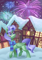 Size: 2857x4096 | Tagged: safe, artist:irinamar, imported from derpibooru, oc, oc only, pegasus, pony, clothes, fireworks, scarf, snow, snowfall, solo, striped scarf