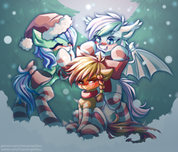 Size: 4536x3859 | Tagged: safe, artist:chaosangeldesu, imported from derpibooru, oc, oc:candy bits, oc:flaming hoof, oc:star breeze, bat pony, pegasus, pony, bat pony oc, clothes, snow, snowfall, socks, striped socks, wings, winter