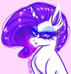 Size: 792x824 | Tagged: safe, artist:conflei, imported from derpibooru, rarity, pony, unicorn, bedroom eyes, bust, ear fluff, eyel, female, mare, pink background, simple background, solo