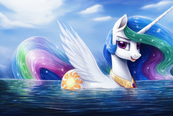 Size: 1920x1280 | Tagged: safe, derpibooru exclusive, editor:dovakkins, imported from derpibooru, princess celestia, alicorn, pony, ai content, ai generated, beautiful, cute, female, generator:stable diffusion, jewelry, looking at you, missing accessory, open mouth, open smile, partially submerged, smiling, smiling at you, solo, sparkly mane, sparkly tail, spread wings, swanlestia, swimming, tail, water, wings