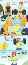 Size: 1333x3072 | Tagged: safe, artist:matchstickman, imported from derpibooru, apple bloom, applejack, anthro, earth pony, tumblr:where the apple blossoms, abs, apple bloom's bow, apple brawn, applejacked, armpits, barbell, biceps, bow, breasts, busty apple bloom, busty applejack, close-up, clothes, comic, deltoids, dialogue, duo, eyes closed, female, fingerless gloves, flexing, gloves, grin, gritted teeth, hair bow, mare, matchstickman's apple brawn series, muscles, muscular female, older, older apple bloom, panting, pecs, shorts, sleeveless, smiling, speech bubble, teeth, thighs, thunder thighs, tumblr comic, weights