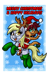 Size: 1280x1978 | Tagged: safe, artist:outofworkderpy, imported from derpibooru, derpy hooves, oc, oc:kira, dragon, kobold, pegasus, pony, antlers, christmas, clothes, costume, dragoness, duo, female, hearth's warming eve, holiday, mistletoe, oc riding derpy, open mouth, open smile, riding, riding a pony, santa costume, smiling, socks