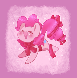 Size: 2873x2883 | Tagged: safe, artist:typhwosion, imported from derpibooru, pinkie pie, earth pony, pony, :d, ><, cute, cute little fangs, diapinkes, eyes closed, fangs, open mouth, open smile, ribbon, smiling, solo, sparkles