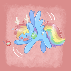 Size: 2873x2883 | Tagged: safe, artist:typhwosion, imported from derpibooru, rainbow dash, pegasus, pony, antlers, bauble, christmas, christmas ornament, cute, cute little fangs, dashabetes, decoration, fangs, holiday, red nose, reindeer dash, solo