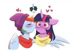 Size: 1600x1172 | Tagged: safe, artist:tylerdashart, imported from twibooru, rainbow dash, twilight sparkle, pegasus, pony, unicorn, beanie, blushing, clothes, eyes closed, female, hat, heart, hug, image, kissing, lesbian, mare, mistletoe, needs more jpeg, shipping, simple background, twidash, white background, winghug, wings, winter