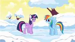 Size: 1600x908 | Tagged: safe, artist:benpictures1, imported from ponybooru, rainbow dash, twilight sparkle, alicorn, pegasus, cute, dashabetes, female, flower, flower in ear, flower in hair, lesbian, mare, shipping, snow, twiabetes, twidash, twilight sparkle (alicorn)