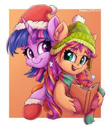 Size: 1220x1399 | Tagged: safe, artist:zeepheru_pone, imported from derpibooru, sunny starscout, twilight sparkle, alicorn, earth pony, pony, book, cheek fluff, clothes, cute, ear fluff, female, g5, hat, looking at each other, looking at someone, mare, scarf, simple background, smiling, striped scarf, sunny and her heroine