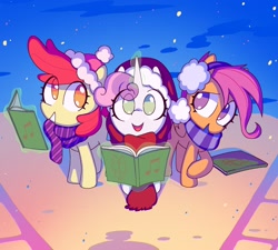 Size: 1920x1728 | Tagged: safe, artist:dawnfire, apple bloom, scootaloo, sweetie belle, earth pony, pegasus, pony, unicorn, book, caroling, choir book, christmas, clothes, cutie mark crusaders, earmuffs, female, filly, folded wings, hat, holiday, horn, looking at you, looking up, looking up at you, magic, open mouth, santa hat, scarf, smiling, snow, snowfall, telekinesis, trio, wings, winter
