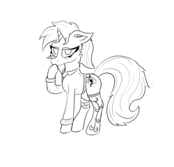 Size: 2500x2400 | Tagged: safe, artist:pfych0, oc, oc only, oc:qualiya, pony, unicorn, bandage, chest fluff, clothes, ear fluff, female, hoof over mouth, horn, lineart, looking at you, mare, open clothes, open shirt, raised hoof, socks, solo
