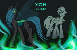 Size: 2479x1620 | Tagged: safe, artist:enderbee, imported from derpibooru, queen chrysalis, oc, alicorn, earth pony, pegasus, pony, unicorn, antagonist, butt, canon x oc, commission, evil, fire, full body, plot, simple background, standing, your character here