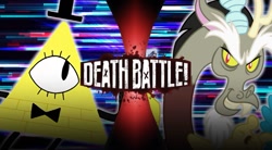 Size: 907x499 | Tagged: safe, imported from derpibooru, screencap, discord, draconequus, beard, bill cipher, bowtie, crossover, death battle, duo, exploitable meme, facial hair, gravity falls, grin, hat, male, meme, rooster teeth, smiling, spoilers for another series, top hat