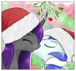 Size: 4594x4320 | Tagged: safe, artist:etheria galaxia, imported from derpibooru, oc, oc only, oc:etheria galaxia, oc:scratch wub, alicorn, pony, unicorn, alicorn oc, christmas, curved horn, eyes closed, female, glasses, hat, heart, holiday, horn, kiss on the lips, kissing, male, mare, mistletoe, santa hat, stallion, unicorn oc, watermark, wings