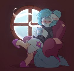 Size: 1697x1629 | Tagged: safe, artist:rexyseven, imported from derpibooru, oc, oc only, oc:whispy slippers, earth pony, pony, blushing, brown background, chair, clothes, cozy, drink, earth pony oc, eyes closed, female, floppy ears, mare, mug, simple background, sitting, slippers, socks, solo, sweater, window, winter