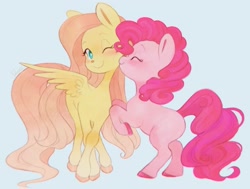 Size: 1823x1381 | Tagged: safe, artist:doekis, imported from derpibooru, fluttershy, pinkie pie, earth pony, pegasus, pony, blue background, blushing, cheek kiss, colored hooves, cute, daaaaaaaaaaaw, diapinkes, duo, female, flutterpie, kissing, lesbian, mare, missing cutie mark, one eye closed, rearing, shipping, shyabetes, simple background