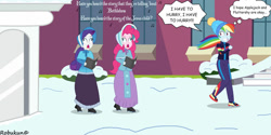 Size: 1264x632 | Tagged: safe, artist:robukun, imported from derpibooru, pinkie pie, rainbow dash, rarity, human, undead, zombie, equestria girls, caroling, christmas, clothes, derp, holiday, long skirt, skirt, victorian, victorian dress