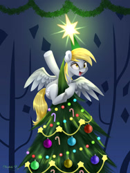 Size: 2250x3000 | Tagged: safe, artist:darksly, imported from derpibooru, derpy hooves, pegasus, pony, a hearth's warming tail, christmas, christmas lights, christmas tree, cute, derpabetes, derpy being derpy, derpy star, female, holiday, mare, open mouth, solo, stars, tree