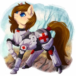 Size: 4000x4000 | Tagged: safe, imported from derpibooru, oc, oc only, oc:dusty heartwood, earth pony, pony, fallout equestria, armor, blue eyes, brown mane, fallout, hair over one eye, halo (series), medic, scar