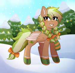 Size: 2678x2614 | Tagged: safe, artist:emera33, imported from derpibooru, oc, oc only, oc:sylvia evergreen, pegasus, pony, boots, braid, braided pigtails, chest fluff, clothes, ear fluff, female, forest, freckles, hair tie, looking at you, mare, pegasus oc, pigtails, scarf, secret santa, shoes, smiling, snow, solo, tree, wings