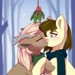 Size: 2048x2038 | Tagged: safe, alternate version, artist:cheekipone, imported from derpibooru, oc, oc only, oc:dusty heartwood, oc:willow heartwood, deer, earth pony, pony, alternate character, antlers, blonde hair, blue eyes, brown mane, cervine, christmas, clothes, cute, deer oc, duo, earth pony oc, female, forest, heart, heart eyes, hearth's warming, hearth's warming eve, holiday, holly, holly mistaken for mistletoe, kiss on the lips, kissing, lesbian, mare, non-pony oc, oc x oc, pink hair, pony oc, scarf, shipping, snow, wingding eyes