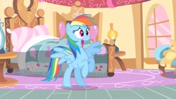 Size: 2560x1440 | Tagged: safe, imported from derpibooru, screencap, rainbow dash, pegasus, pony, party of one, season 1, bed, female, open mouth, solo