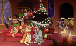 Size: 2352x1429 | Tagged: safe, artist:inuhoshi-to-darkpen, imported from derpibooru, oc, oc only, bat pony, pegasus, pony, bat pony oc, bookshelf, candle, christmas, christmas lights, christmas tree, clothes, couch, door, holiday, open mouth, present, scarf, striped scarf, tree, window