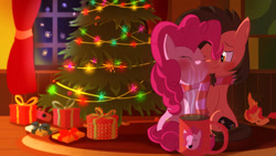 Size: 1920x1080 | Tagged: safe, artist:mrkat7214, imported from derpibooru, pinkie pie, oc, oc:ace play, earth pony, pony, blushing, canon x oc, christmas, christmas lights, christmas tree, clothes, duo, facial hair, female, goatee, holiday, male, mare, mug, pinkieplay, plushie, present, scarf, shared clothing, shared scarf, shipping, sitting, smiling, snuggling, stallion, straight, striped scarf, tree