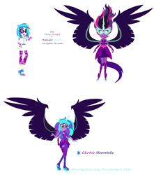 Size: 1564x1772 | Tagged: safe, artist:prettycelestia, imported from derpibooru, dj pon-3, sci-twi, twilight sparkle, vinyl scratch, oc, oc:electric moonstrike, equestria girls, clothes, fusion, fusion:dj pon-3, fusion:midnight sparkle, fusion:sci-twi, fusion:twilight sparkle, fusion:vinyl scratch, fusion:vinylight, gloves, glowing, glowing horn, horn, jacket, jewelry, long socks, midnight sparkle, miniskirt, multiple arms, pendant, simple background, skirt, three eyes, white background, wings