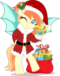 Size: 3959x5000 | Tagged: safe, artist:jhayarr23, imported from derpibooru, oc, oc only, oc:sunshine drift, bat pony, pony, bag, bat pony oc, bat wings, bipedal, christmas, clothes, commission, costume, fangs, female, hat, holding a present, holiday, looking at you, mare, mistleholly, one eye closed, one eye open, present, santa costume, santa hat, santa sack, simple background, smiling, smiling at you, solo, spread wings, transparent background, wings, wink, winking at you, ych result