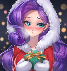 Size: 800x844 | Tagged: safe, alternate version, artist:racoonsan, imported from derpibooru, rarity, human, beautiful, blurry background, blushing, breasts, christmas, clothes, cute, ear piercing, earring, eyebrows, eyebrows visible through hair, female, gloves, holiday, humanized, jewelry, looking at you, mittens, open mouth, piercing, present, solo