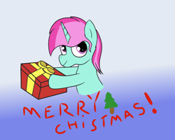 Size: 1200x960 | Tagged: safe, artist:amateur-draw, imported from derpibooru, oc, oc only, oc:belle boue, pony, unicorn, christmas, gradient background, holiday, male, misspelling, present, solo, stallion