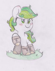 Size: 1508x1945 | Tagged: safe, artist:foxtrot3, imported from derpibooru, oc, oc only, oc:karakusa, earth pony, pony, boots, clothes, determined look, female, filly, foal, grass, pose, raised hoof, shoes, smiling, solo, traditional art