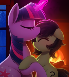 Size: 2700x3000 | Tagged: safe, artist:thebatfang, imported from derpibooru, twilight sparkle, oc, oc:filly anon, earth pony, pony, unicorn, blushing, cute, duo, duo female, female, filly, fire, fireplace, floppy ears, foal, forehead kiss, glowing, glowing horn, horn, kissing, magic, platonic kiss, unicorn twilight, window