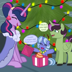 Size: 2048x2048 | Tagged: safe, artist:chelseawest, imported from derpibooru, twilight sparkle, oc, oc:azure star, oc:emerald spark, alicorn, pony, alicorn oc, christmas, dragon egg, egg, holiday, horn, offspring, offspring's offspring, older, older twilight, parent:oc:blue belle, parent:oc:emerald spark, parents:oc x oc, petalverse, present, princess twilight 2.0, trio, twilight sparkle (alicorn), wavy mouth, wings