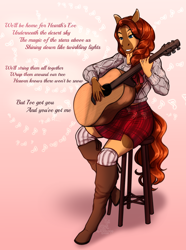 Size: 2560x3440 | Tagged: safe, artist:blackblood-queen, imported from derpibooru, oc, oc only, oc:honeypot meadow, anthro, earth pony, unguligrade anthro, acoustic guitar, anthro oc, bar stool, christmas, clothes, commission, digital art, earth pony oc, female, guitar, hearth's warming eve, holiday, mare, music, musical instrument, singing, sitting, smiling, solo