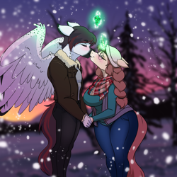 Size: 2000x2000 | Tagged: safe, artist:kennzeichen, imported from derpibooru, oc, oc only, oc:céline actias, oc:pyry, anthro, pegasus, unguligrade anthro, unicorn, anthro oc, christmas, clothes, commission, couple, digital art, duo, eyes closed, female, glasses, glowing, glowing horn, hat, hearth's warming, hearth's warming eve, holiday, horn, jacket, magic, male, mare, mistletoe, oc x oc, pants, pegasus oc, scarf, shipping, smiling, snow, snowfall, stallion, straight, unicorn oc, winter hat