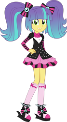 Size: 1801x3243 | Tagged: safe, artist:sketchmcreations, imported from derpibooru, pixel pizazz, human, equestria girls, bow, clothes, commission, dress, female, hair bow, hand on hip, looking at you, pigtails, simple background, smiling, socks, solo, transparent background, twintails, vector