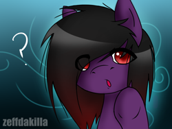 Size: 4000x3000 | Tagged: safe, artist:zeffdakilla, imported from derpibooru, oc, oc only, oc:frankie fang, pegasus, pony, abstract background, black mane, confused, emo, long hair, looking at you, male, purple fur, question mark, raised hoof, red eyes, scene, scene kid, solo