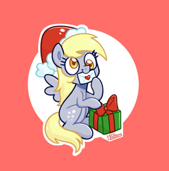 Size: 1934x1962 | Tagged: safe, artist:seasemissary, imported from derpibooru, derpy hooves, pegasus, pony, christmas, hat, holiday, letter, mouth hold, present, red background, santa hat, simple background, solo