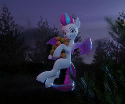 Size: 3332x2768 | Tagged: safe, artist:chyvak, imported from derpibooru, zipp storm, bat pony, pony, 3d, bat ponified, female, food, g5, herbivore, high res, mango, mare, race swap, solo, starry night, stars, tree, unshorn fetlocks, zippbat