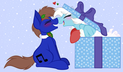 Size: 5015x2955 | Tagged: safe, artist:feather_bloom, imported from derpibooru, oc, oc:blue_skies, oc:feather_bloom, earth pony, pegasus, pony, blushing, bow, bowtie, box, clothes, couple, duo, eyes closed, heart, hearth's warming eve, love, mistletoe, pony in a box, present, simple background, socks