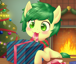 Size: 2420x2022 | Tagged: safe, artist:generalecchi, imported from derpibooru, oc, oc only, oc:emerald mask, pony, christmas, christmas tree, fire, fireplace, holiday, solo, tree