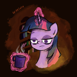 Size: 3000x3000 | Tagged: safe, artist:widelake, imported from derpibooru, twilight sparkle, pony, ambiguous race, black background, bust, dark background, glowing, glowing horn, golden oaks library, horn, library, lidded eyes, magic, magic aura, mug, night, sleepy, solo, telekinesis