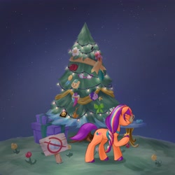 Size: 4096x4096 | Tagged: safe, artist:felldeal, imported from derpibooru, sunny starscout, earth pony, pony, series:daily drawing december, christmas, christmas tree, colored hooves, eyes closed, female, g5, holiday, mare, night, solo, stars, tree