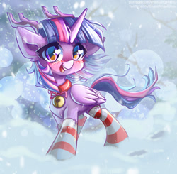 Size: 1050x1029 | Tagged: safe, artist:chaosangeldesu, imported from derpibooru, twilight sparkle, alicorn, pony, bell, bell collar, blushing, christmas, christmas stocking, clothes, collar, cute, holiday, looking at you, smiling, smiling at you, snow, snowfall, socks, solo, striped socks, twilight sparkle (alicorn), winter