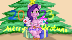 Size: 1920x1080 | Tagged: safe, artist:jbond, imported from derpibooru, pipp petals, pegasus, pony, adorapipp, bauble, christmas, christmas gift, christmas lights, christmas ornament, christmas tree, cute, decoration, g5, garland, holiday, merry christmas, my little pony: a new generation, postcard, present, solo, text, tree