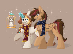 Size: 1840x1360 | Tagged: safe, artist:dorkmark, imported from derpibooru, oc, oc only, oc:caroline sunshine, oc:keman, bird, earth pony, owl, pony, unicorn, bird cage, brown background, cage, clothes, duo, glowing, glowing horn, gryffindor, harry potter (series), horn, magic, pixel art, ravenclaw, scarf, simple background, telekinesis