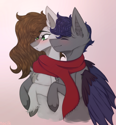Size: 2117x2293 | Tagged: safe, artist:tocik, imported from derpibooru, oc, oc only, oc:cj vampire, oc:zephyr star, bat pony, earth pony, pony, blushing, clothes, commission, nuzzling, scarf, shared clothing, shared scarf, ship, shipping, simple background, snuggling, ych result