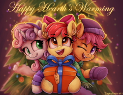 Size: 1439x1119 | Tagged: safe, artist:zeepheru_pone, imported from derpibooru, apple bloom, scootaloo, sweetie belle, earth pony, pegasus, pony, unicorn, adorabloom, bow, cheek fluff, christmas, christmas lights, christmas tree, clothes, cute, cutealoo, cutie mark crusaders, diasweetes, ear fluff, eyebrows, eyebrows visible through hair, female, filly, foal, hair bow, hat, hearth's warming, holiday, looking at you, one eye closed, present, scarf, shared clothing, shared scarf, signature, smiling, sweater, tree, trio, wink